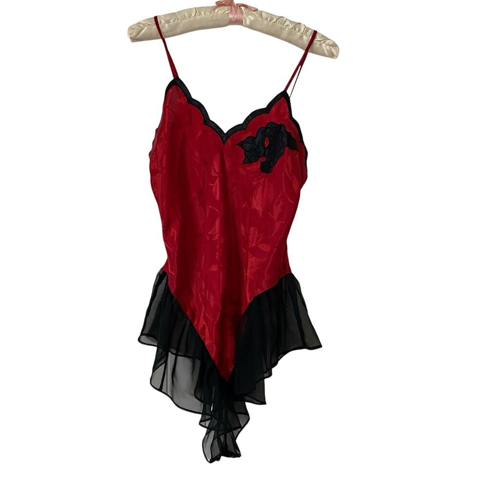 Vintage Victoria's Secret Teddy Women's Small Gold Label Red Satin Snap Crotch